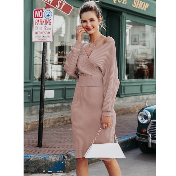 2 Piece Dress Rib Knit Midi V-Neck in Mocha Brown - Picture 2 of 10
